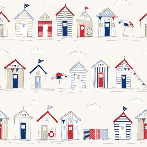 Beach Huts Blue Gloss Oilcloth Tablecloth